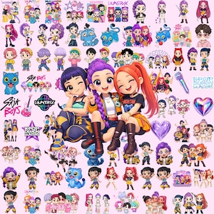 Puede incluir: Una colección de pegatinas e ilustraciones de dibujos animados coloridos, con personajes con cabello y atuendos vibrantes. La imagen incluye texto que dice "HUNTRAX", "Sit Boys" y "KPOP DEMON HUNTERS". El tema general está relacionado con la cultura pop y el entretenimiento.