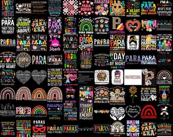 May include: A collection of colourful graphic designs featuring text and illustrations related to paraprofessionals, including rainbows, hearts, leopard print patterns, flowers, and school-themed icons arranged in a grid on a black background.