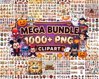 May include: A digital collection of over 1000 Halloween-themed PNG clipart files featuring various cartoon characters in costumes, pumpkins, and festive decorations, with the text MEGA BUNDLE 1000+ PNG CLIPART displayed prominently in the center.