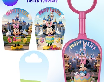 Toy Shovel Easter Template (Canva) Editable Pink Cartoon Easter Shovel Wrap, Girl Bunny Basket Name Tag, Printable Easter Favor