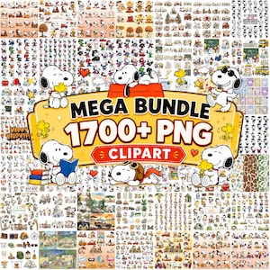 May include: A digital collection of over 1700 Snoopy and Woodstock PNG clipart designs featuring various seasonal themes, holidays, and activities. The central yellow banner displays the text MEGA BUNDLE 1700+ PNG CLIPART in bold letters.