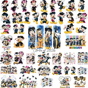 May include: A collection of Disney character illustrations featuring Mickey Mouse, Minnie Mouse, Donald Duck, and Goofy wearing graduation caps and gowns, with various scenes including diplomas, fireworks, and the text Class of 2026 and Graduate.