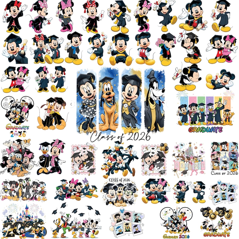 May include: A collection of Disney character illustrations featuring Mickey Mouse, Minnie Mouse, Donald Duck, and Goofy wearing graduation caps and gowns, with various scenes including diplomas, fireworks, and the text Class of 2026 and Graduate.