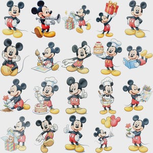 May include: A collection of twenty illustrations of Mickey Mouse in various poses and activities, including holding a trumpet, painting, baking a cake, reading a book, gardening, and holding balloons, all featuring the character's iconic red shorts.
