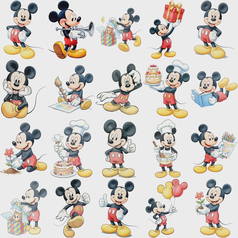May include: A collection of twenty illustrations of Mickey Mouse in various poses and activities, including holding a trumpet, painting, baking a cake, reading a book, gardening, and holding balloons, all featuring the character's iconic red shorts.