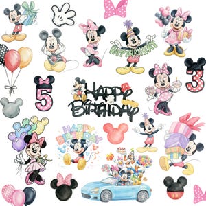 May include: A collection of Disney character illustrations featuring Mickey Mouse, Minnie Mouse, Goofy, and Donald Duck. The set includes various birthday-themed graphics, balloons, gift boxes, a blue convertible car, and black Happy Birthday text.