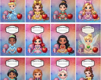 May include: A collection of twelve composition books featuring chibi-style illustrations of various characters. Each cover displays a character, a red apple, a backpack, a cup, and a label at the top with the text COMPOSITION BOOK.