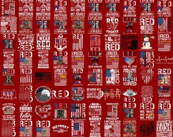 May include: A digital collage featuring numerous red-themed graphic designs with American flag motifs, military imagery, and text phrases such as 'Remember Everyone Deployed' and 'I Wear Red on Fridays' to support deployed service members.