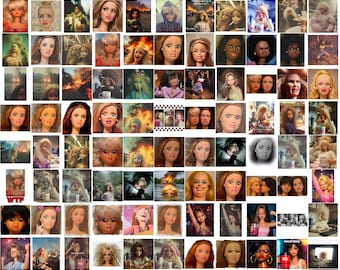 May include: A collage of numerous fashion dolls featuring diverse hair colours, styles, and facial expressions, including some with text overlays like 'mood lately' and 'WTF', showcasing various settings and lighting conditions in a grid layout.
