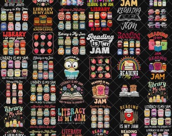 May include: A digital collection of graphic designs featuring colourful jars, books, strawberries, rainbows, and owls, with text including Reading Is My Jam, Library Is My Jam, and Literacy Is My Jam, arranged in a grid on a black background.