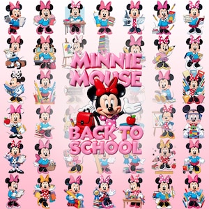 May include: A collection of Minnie Mouse illustrations featuring school-themed activities, including reading, writing, and carrying backpacks. The central text reads MINNIE MOUSE BACK TO SCHOOL in large pink letters against a light pink background.