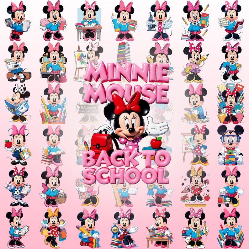 May include: A collection of Minnie Mouse illustrations featuring school-themed activities, including reading, writing, and carrying backpacks. The central text reads MINNIE MOUSE BACK TO SCHOOL in large pink letters against a light pink background.