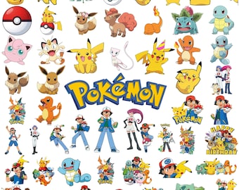 May include: A collection of colourful stickers featuring various Pokemon characters including Pikachu, Charmander, Bulbasaur, Squirtle, Eevee, and Mew, alongside the Pokemon logo, Ash Ketchum, and Team Rocket members, all set against a plain white background.