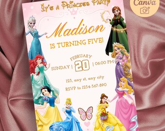 Könnte beinhalten: Eine rosa Einladung zum Thema Prinzessin mit dem Text "It's a Princess Party" und "Madison wird fünf!" Enthält Illustrationen verschiedener Prinzessinnen. Enthält Datum, Uhrzeit und RSVP-Informationen. Das Canva-Logo befindet sich oben rechts.