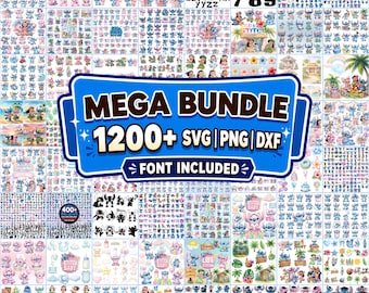 Könnte beinhalten: Ein digitales Mega-Bundle mit über 1200 SVG-, PNG- und DXF-Dateien. Das Bild zeigt verschiedene Designs, darunter Charaktere, Alphabete, Zahlen und den Text "MEGA BUNDLE 1200+ SVG | PNG | DXF FONT INCLUDED".