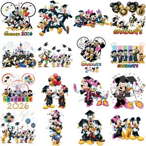 May include: A collection of sixteen graphic illustrations featuring Disney characters in graduation attire, including Mickey Mouse, Minnie Mouse, Donald Duck, Daisy Duck, Goofy, and Pluto. The designs incorporate graduation caps, diplomas, balloons, fireworks, and the text Graduate 2026.