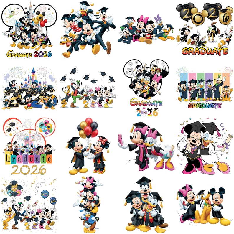 May include: A collection of sixteen graphic illustrations featuring Disney characters in graduation attire, including Mickey Mouse, Minnie Mouse, Donald Duck, Daisy Duck, Goofy, and Pluto. The designs incorporate graduation caps, diplomas, balloons, fireworks, and the text Graduate 2026.