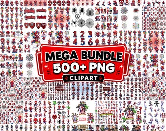 Könnte beinhalten: Eine Sammlung von Spider-Man-Clipart-Bildern. Die Bilder zeigen verschiedene Posen von Spider-Man, Spinnennetze und verwandte Grafiken. Der Text "MEGA BUNDLE 500+ PNG CLIPART" wird in einem roten Banner angezeigt.