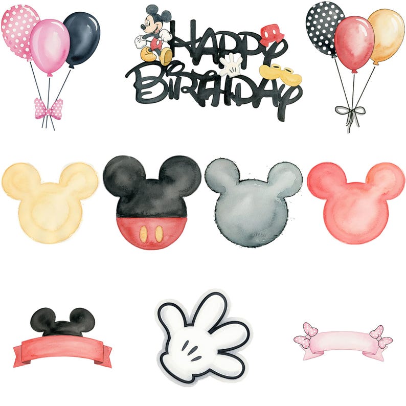 May include: A collection of watercolour-style party decorations featuring a black Happy Birthday sign with Mickey Mouse, clusters of pink, black, and yellow balloons, various Mickey-shaped icons in yellow, black, red, and grey, and a white glove.