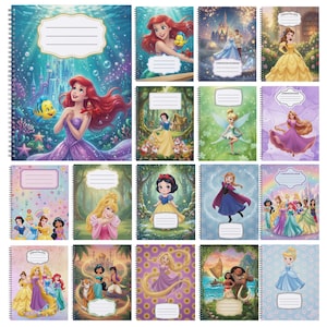 Puede incluir: Una colección de cuadernos de espiral con varios personajes de Disney, incluyendo a Ariel, Cenicienta, Bella, Blancanieves, Campanilla, Rapunzel, Anna, Jasmine y Moana, cada uno con una etiqueta blanca para escribir un nombre o materia.