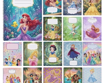 May include: A collection of spiral-bound composition notebooks featuring various Disney characters including Ariel, Cinderella, Belle, Snow White, Tinker Bell, Rapunzel, Anna, Jasmine, and Moana, each with a white label for writing a name or subject.