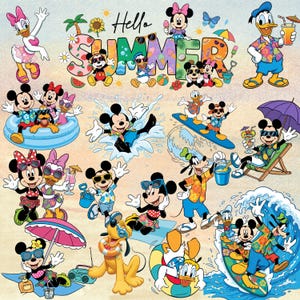 May include: A colourful digital illustration featuring Disney characters including Mickey, Minnie, Donald, Daisy, Goofy, and Pluto enjoying summer activities like surfing, swimming, and relaxing on the beach with the text Hello SUMMER.