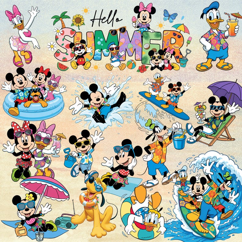 May include: A colourful digital illustration featuring Disney characters including Mickey, Minnie, Donald, Daisy, Goofy, and Pluto enjoying summer activities like surfing, swimming, and relaxing on the beach with the text Hello SUMMER.