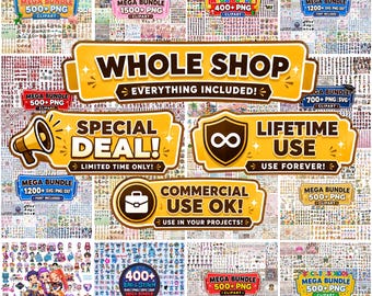 Könnte beinhalten: Eine digitale Sammlung von Grafikdesign-Assets mit zahlreichen Mega-Bundles aus Clipart-, SVG- und PNG-Dateien. Das Bild zeigt gelbe Banner mit Texten wie WHOLE SHOP, EVERYTHING INCLUDED, SPECIAL DEAL und COMMERCIAL USE OK.