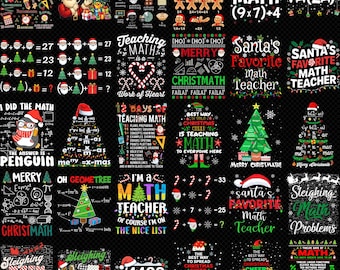 May include: A collection of thirty-five black-background graphic designs featuring Christmas and mathematics themes. The designs include illustrations of Santa Claus, Christmas trees, penguins, and gingerbread men combined with math equations, geometric formulas, and holiday-themed text like 'Teaching Math is Work of Heart' and 'Sleighing Math Problems'.