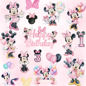 May include: A collection of Minnie Mouse illustrations featuring the character in various poses with pink polka dot dresses, bows, and birthday themes. Includes balloons, gift boxes, a cake, and the text Happy Birthday with numbers 1 and 3.