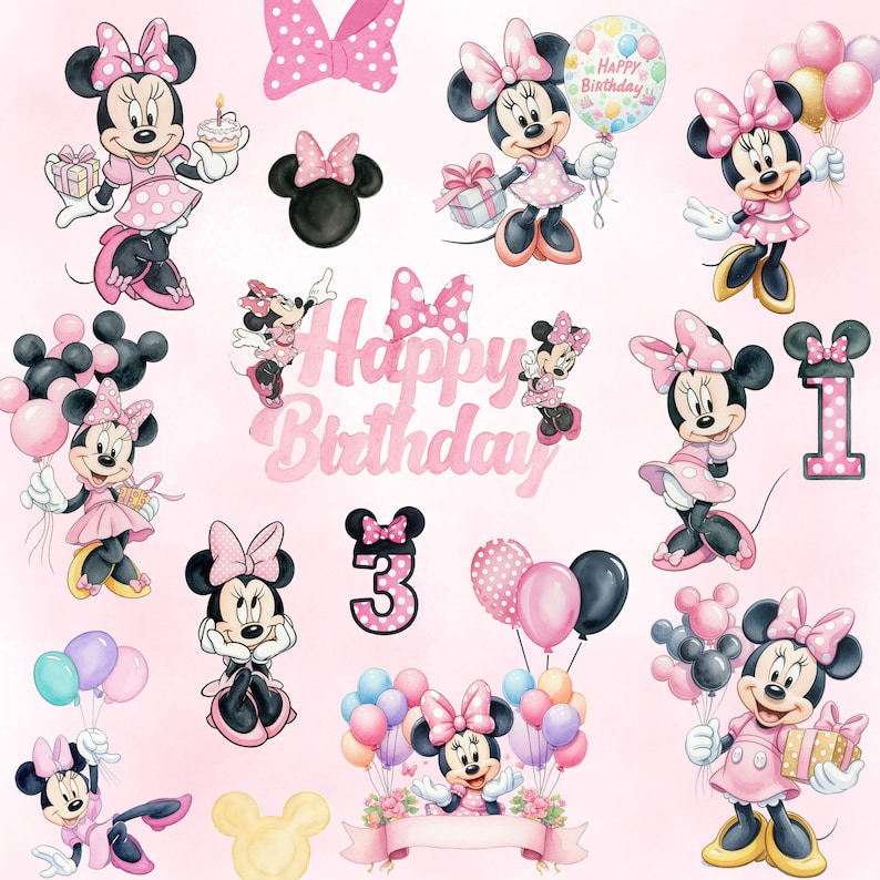 May include: A collection of Minnie Mouse illustrations featuring the character in various poses with pink polka dot dresses, bows, and birthday themes. Includes balloons, gift boxes, a cake, and the text Happy Birthday with numbers 1 and 3.