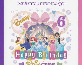 Könnte beinhalten: Ein personalisiertes Prinzessinnen-Geburtstagsdesign mit dem Namen "Bobby" in Goldglitzer, der Zahl "6" und verschiedenen Disney-Prinzessinnen. Das Design enthält den Text "Princess Birthday Custom Name & Age" und "Happy Birthday Princess".