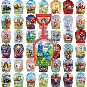 May include: A collection of colorful Easter-themed shovels and Easter egg-shaped containers. The shovels are red, and the containers feature various cartoon characters and the text "Happy Easter".