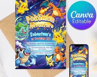 Könnte beinhalten: Eine farbenfrohe Pokémon-Geburtstagseinladung mit Pikachu, Charizard und anderen Charakteren. Die Einladung enthält den Text "Pokémon Adventure" und Party-Details, einschließlich des Namens "Sebastian", Alter 10, Datum, Uhrzeit und RSVP-Informationen.