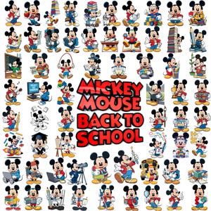 May include: A collection of Mickey Mouse illustrations featuring various school-themed activities, including reading, writing, and science experiments, surrounding the bold red text that reads Mickey Mouse Back To School.