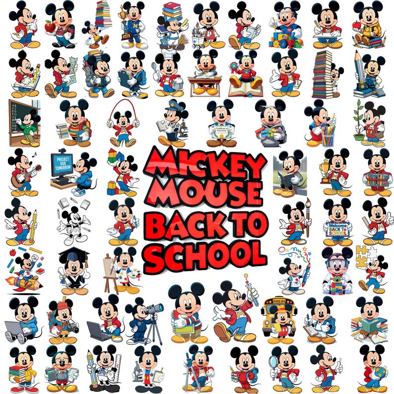 May include: A collection of Mickey Mouse illustrations featuring various school-themed activities, including reading, writing, and science experiments, surrounding the bold red text that reads Mickey Mouse Back To School.