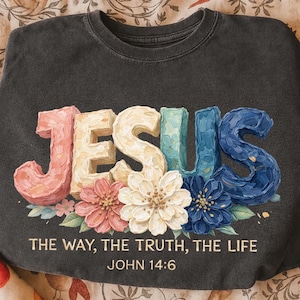 May include: Dark gray sweatshirt featuring the word "JESUS" in colorful, textured letters above floral accents. The text "THE WAY, THE TRUTH, THE LIFE" and "JOHN 14:6" are printed below the design. The sweatshirt has a vintage, worn look.