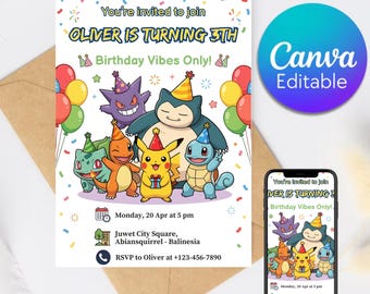 Könnte beinhalten: Eine Geburtstagseinladung mit Zeichentrickfiguren, Luftballons und Konfetti. Die Einladung lautet "You're invited to join OLIVER IS TURNING 3TH Birthday Vibes Only!" und enthält Veranstaltungsdetails. Ein Telefon zeigt die Einladung an. Das Design ist mit "Canva Editable" gekennzeichnet.