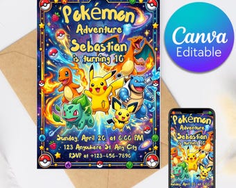 Könnte beinhalten: Eine farbenfrohe Pokémon-Geburtstagseinladung mit verschiedenen Pokémon-Charakteren vor einem Sternenhintergrund. Die Einladung enthält den Text "Pokémon Adventure" und Details zur Veranstaltung sowie eine Handy-Anzeige.