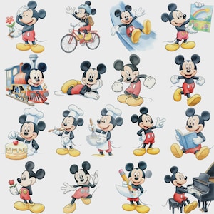 May include: A collection of sixteen illustrations of Mickey Mouse in various activities, including riding a bicycle, driving a train, cooking with a whisk, reading a book, playing the piano, and holding items like a flower, a pencil, and a rainbow drawing.
