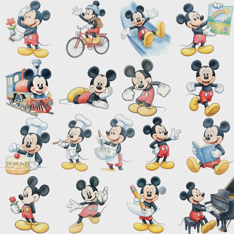 May include: A collection of sixteen illustrations of Mickey Mouse in various activities, including riding a bicycle, driving a train, cooking with a whisk, reading a book, playing the piano, and holding items like a flower, a pencil, and a rainbow drawing.