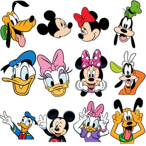 May include: A collection of twelve colourful cartoon character illustrations featuring Mickey Mouse, Minnie Mouse, Donald Duck, Daisy Duck, Goofy, and Pluto in various poses and expressions, including winking, smiling, and making peace signs.