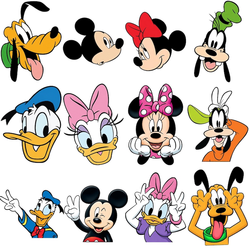 May include: A collection of twelve colourful cartoon character illustrations featuring Mickey Mouse, Minnie Mouse, Donald Duck, Daisy Duck, Goofy, and Pluto in various poses and expressions, including winking, smiling, and making peace signs.