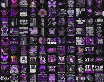 May include: A digital collage featuring numerous purple-themed domestic violence awareness designs. The graphics include purple ribbons, butterflies, sunflowers, flags, and inspirational text such as Break the Silence and I Am a Survivor.