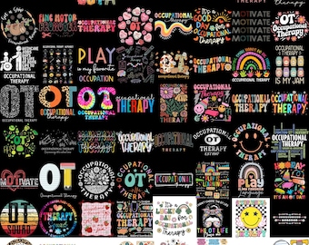 May include: A collection of graphic designs featuring occupational therapy themes, including rainbows, smiley faces, flowers, and text such as 'Play is my favourite occupation' and 'OT' on a black background, showcasing various colourful illustrations.