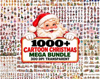 May include: A digital collection of over 1000 cartoon Christmas graphics featuring various characters, including Santa Claus, Disney figures, and superheroes. The central text reads 1000+ CARTOON CHRISTMAS MEGA BUNDLE 300 DPI TRANSPARENT.
