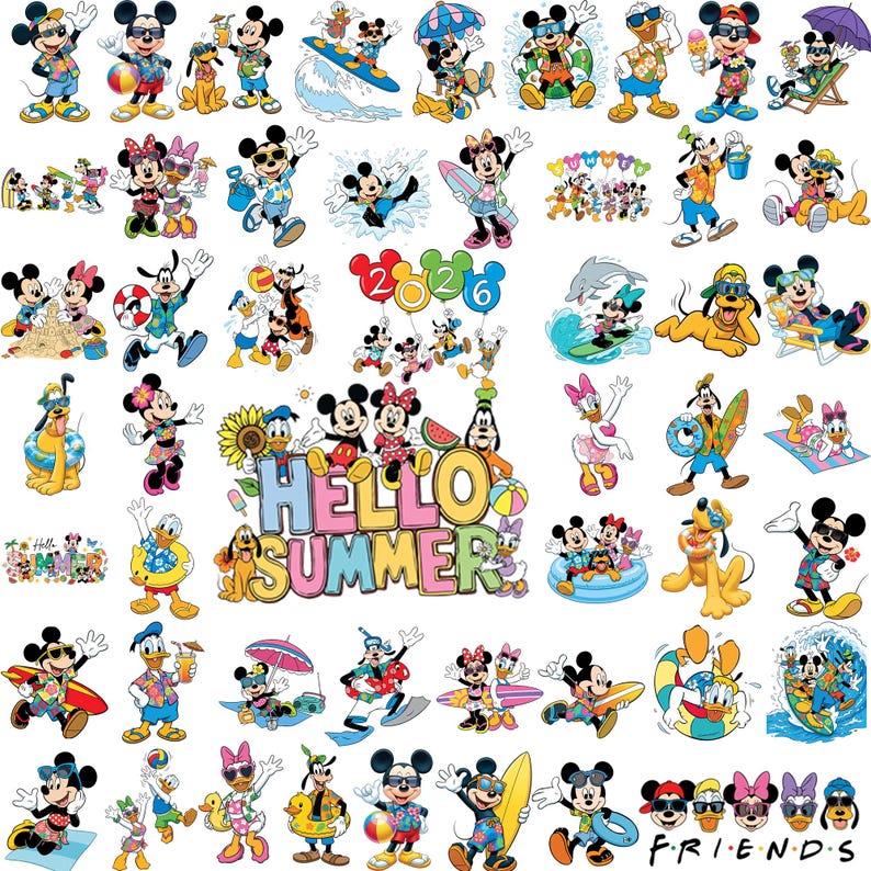 May include: A collection of colourful Disney character illustrations featuring Mickey Mouse, Minnie Mouse, Donald Duck, Daisy Duck, Pluto, and Goofy in summer attire. The images include beach activities, surfboards, and the text Hello Summer 2026.