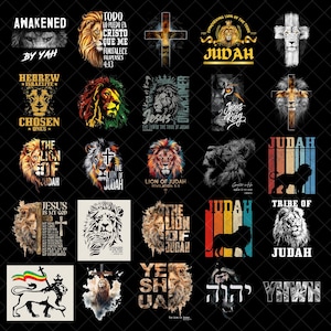 May include: A collection of graphic designs featuring lions, crosses, and religious text. The designs include text such as "Awakened by Yah," "Judah," and "Jesus is my God." The color palette includes gold, red, and black.