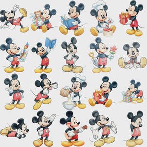 May include: A collection of twenty illustrations of Mickey Mouse in various poses and activities, including holding gifts, reading books, painting, cooking, playing a guitar, and interacting with a small teddy bear, all wearing red shorts and yellow shoes.