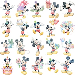 May include: A collection of twenty illustrations featuring Mickey Mouse in various birthday-themed poses, wearing party hats, holding colourful gift boxes, balloons, bouquets of flowers, and birthday cakes with the text Happy Birthday.